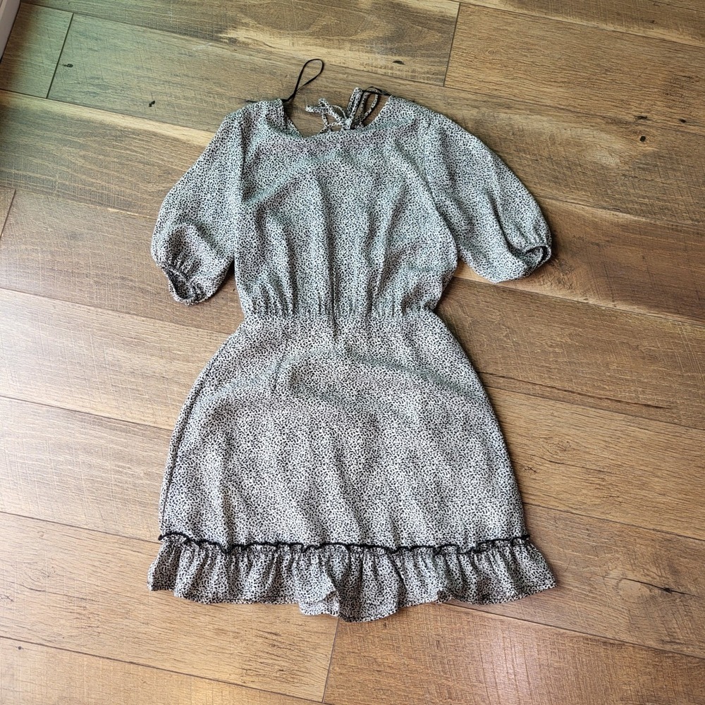 Sienna Sky Black White Speckled Animal Print Puff Sleeve Ruffle Mini Dress Small
